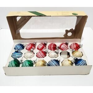 Vtg Pyramid Jumbo Glass Ornaments w/ White Glitter Stripes Boxed 17 ct Red Blue